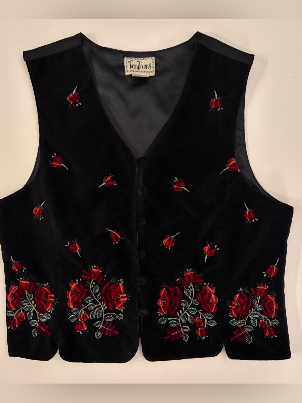 Vintage TanTrums 90s Black Velvet Embroidered Red Rose Vest SZ M Floral Goth